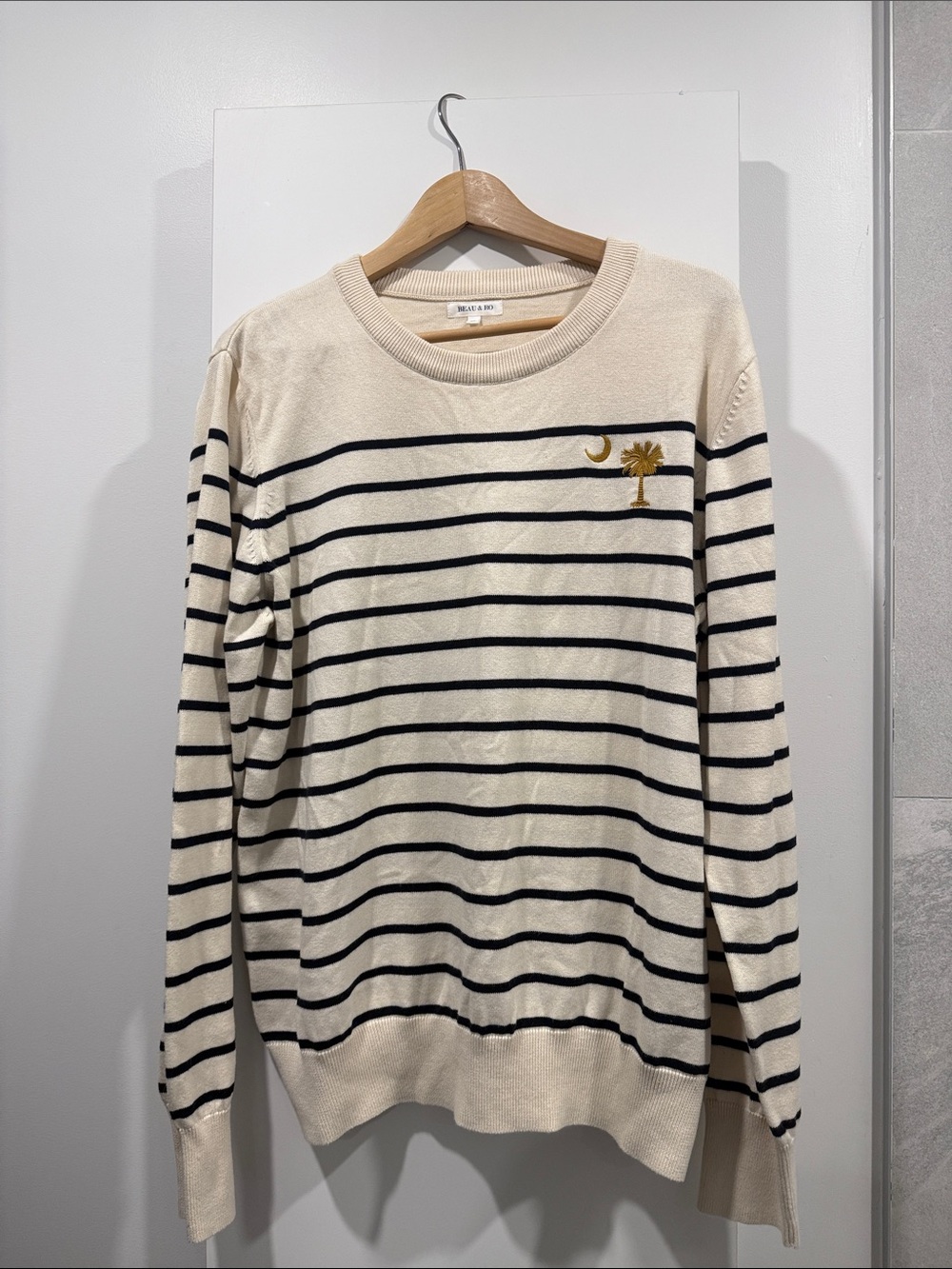 Rails Cream Striped Crewneck Sweater with Gold Embroidery